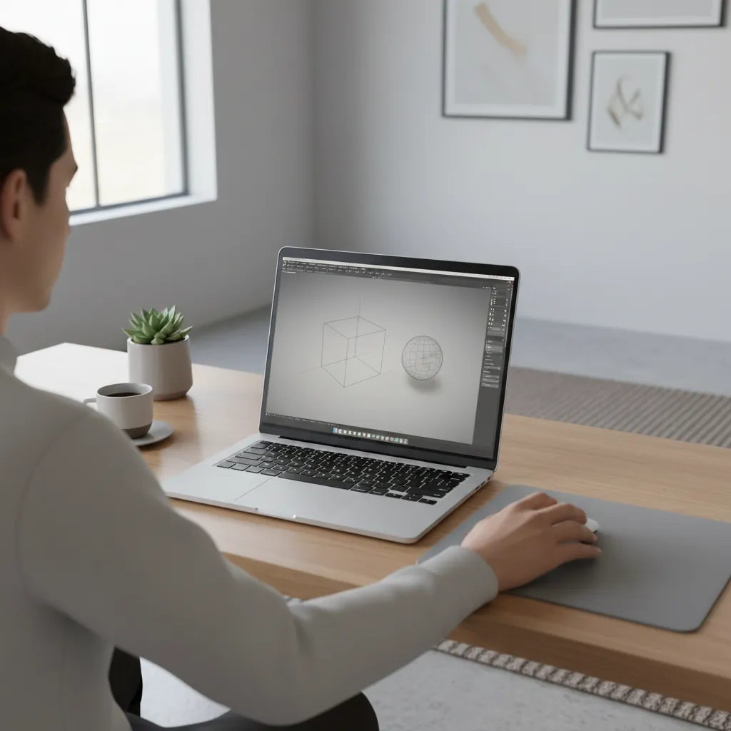 Beginner learning 3D modeling on a computer with simple shapes on screen
