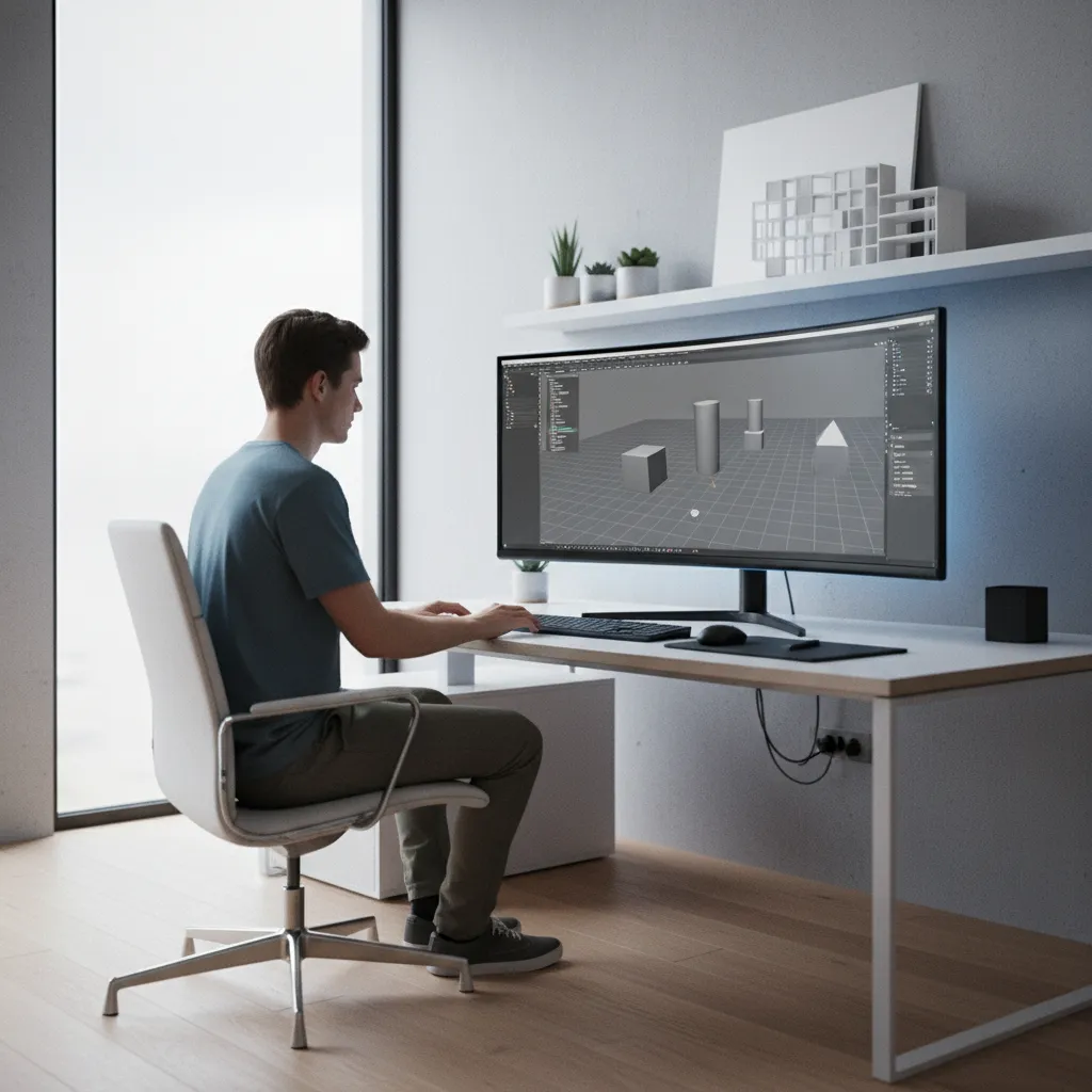 Beginner learning 3D modeling on a desktop computer with simple shapes on screen