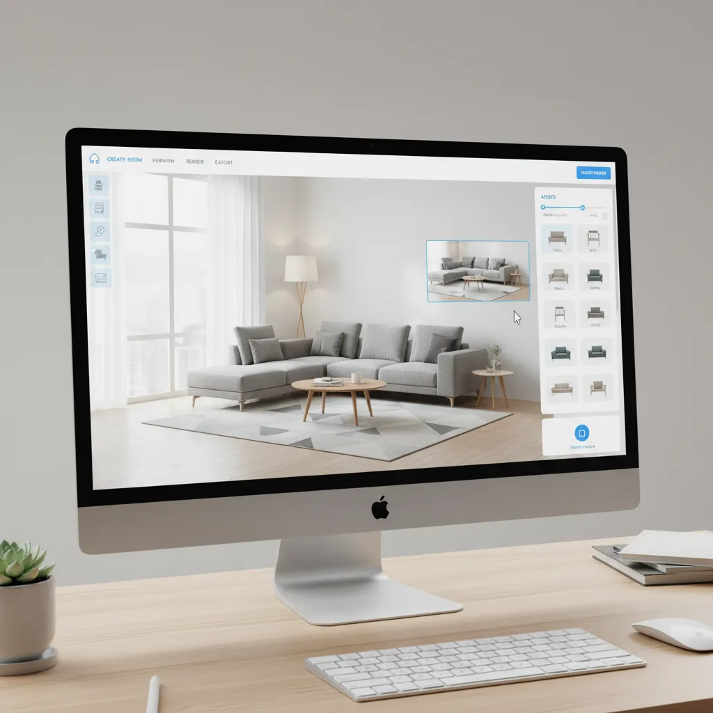 Beginner friendly 3D rendering interface showing a simple interior scene layout
