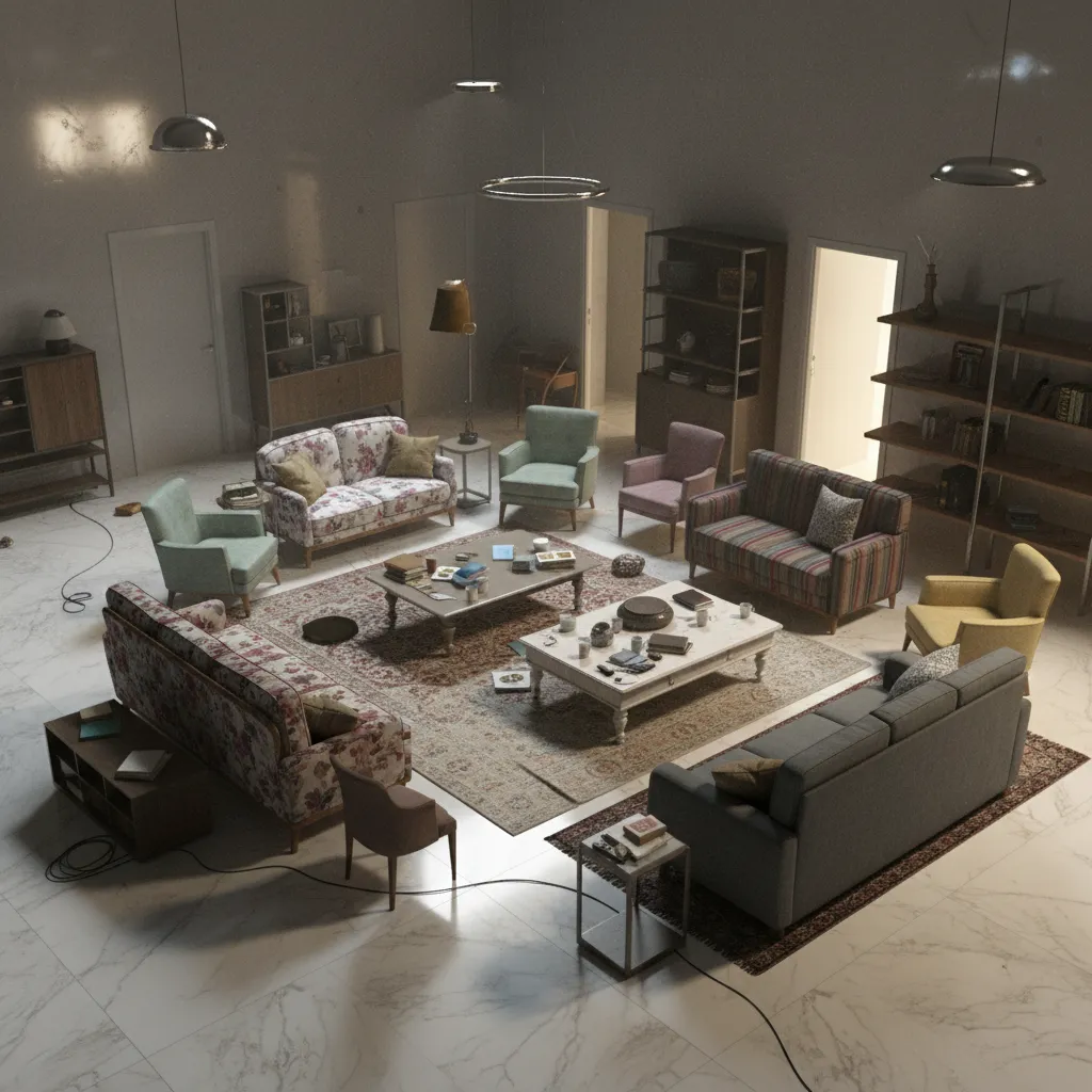 Example of cluttered beginner 3D render scene with too many objects