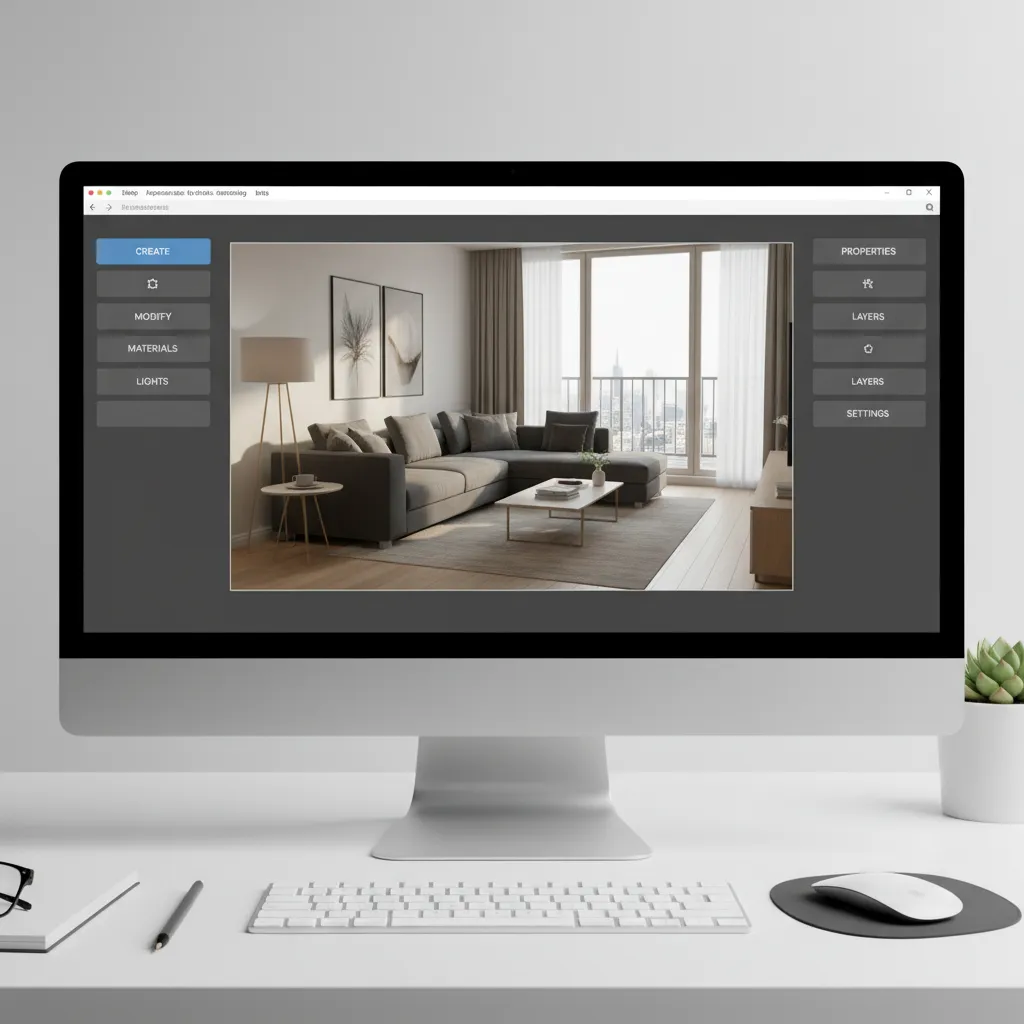 Beginner using simple 3D rendering software interface to create interior scene
