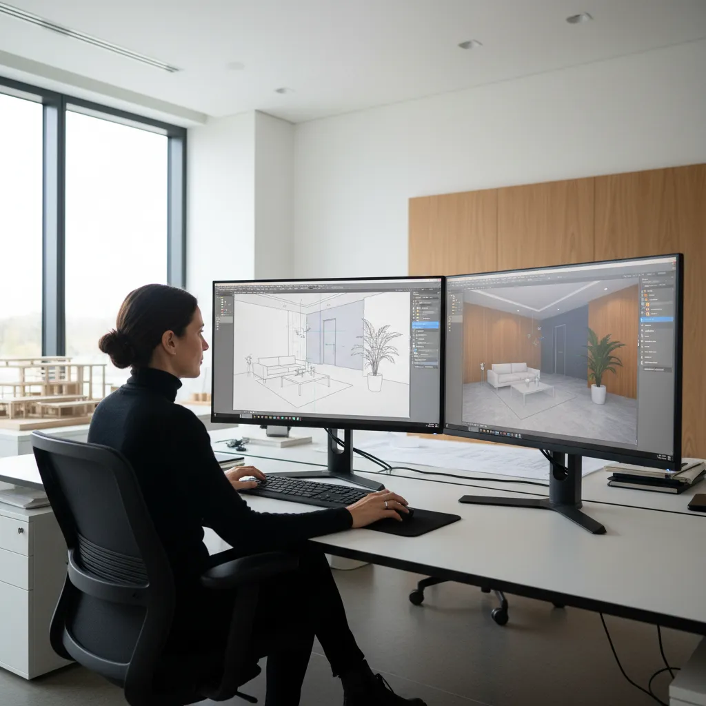 Designer using simple 3D rendering software on computer to create interior scene