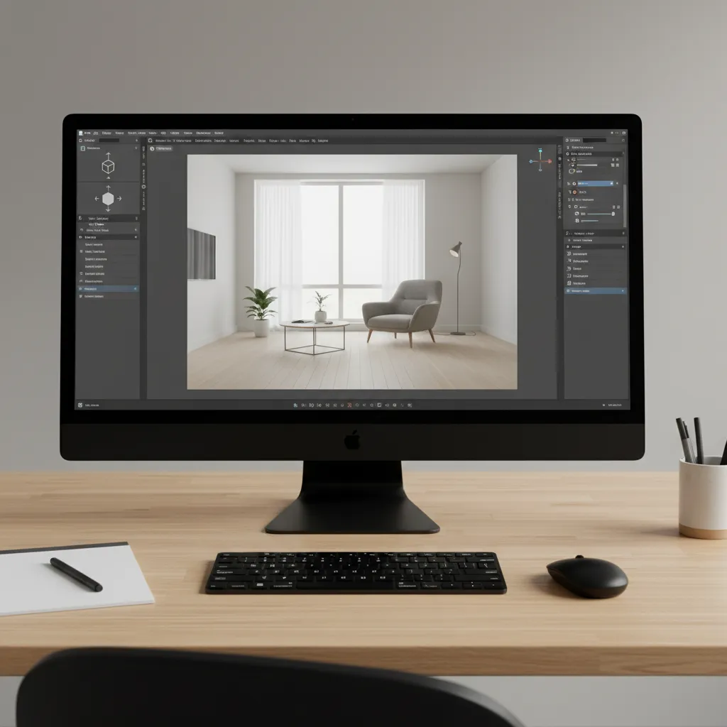 Example of beginner 3D rendering interface showing interior scene setup