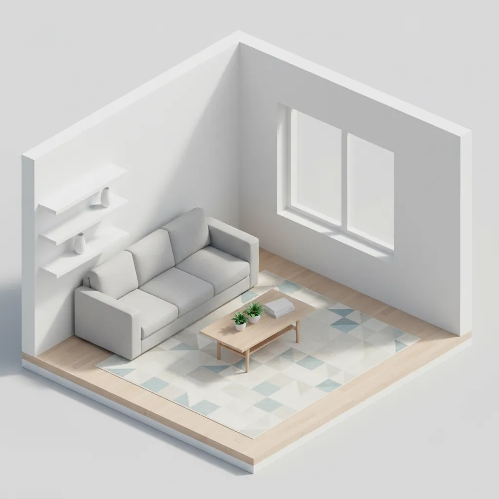Simple 3D room model showing furniture layout used for beginner interior design visualization