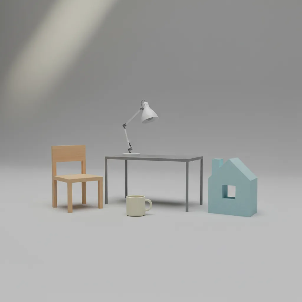 Collection of simple beginner 3D models like mug chair and lamp created in Blender