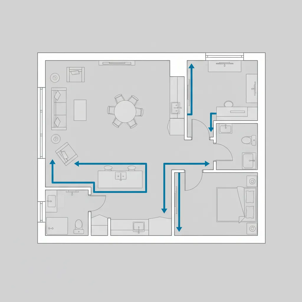 Simple floor plan showing circulation paths and furniture layout planning