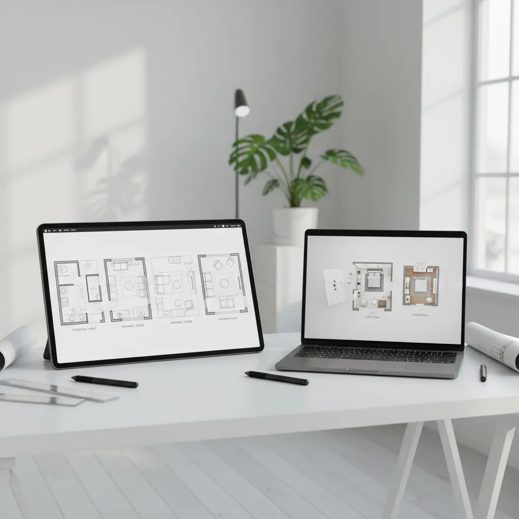 step by step digital floor plan design process showing layout and furniture placement