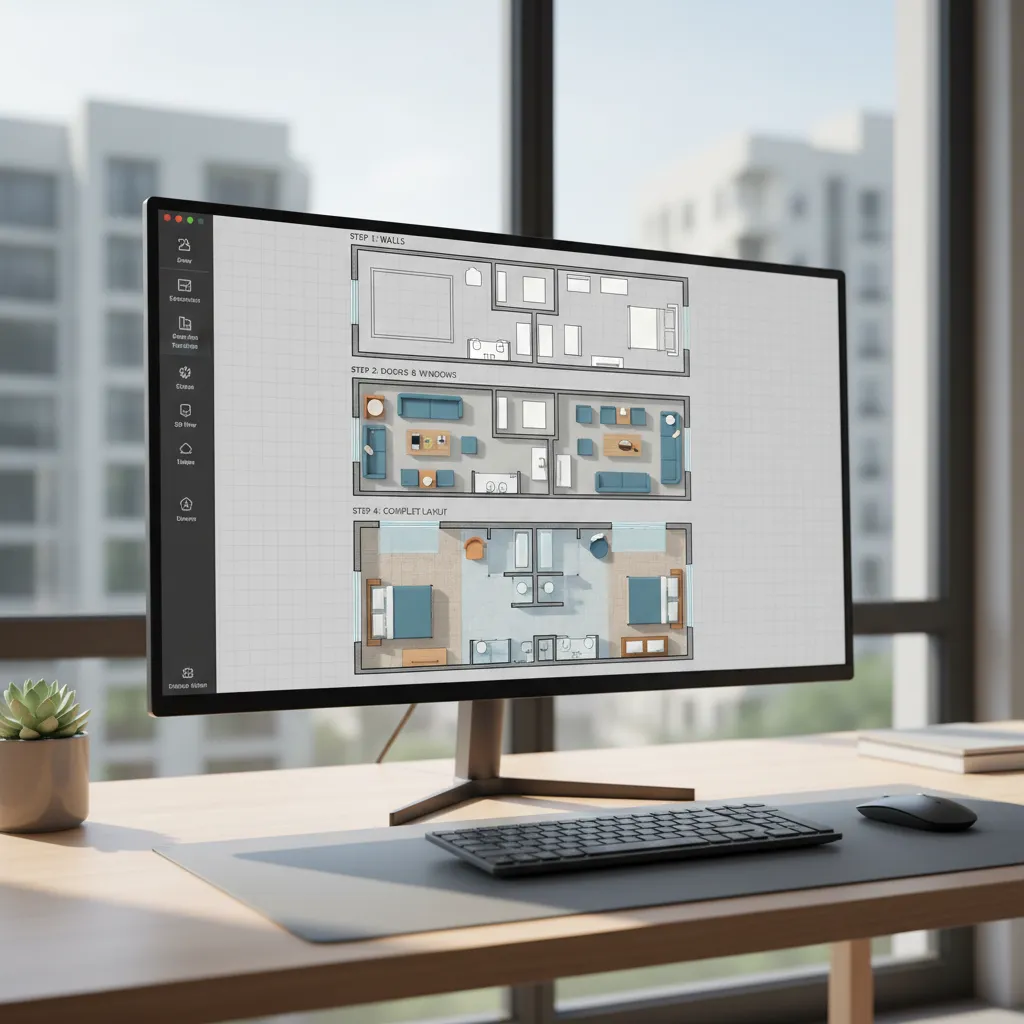 step by step digital floor plan creation process on computer screen