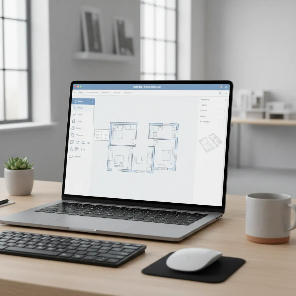 Laptop showing beginner friendly floor plan software interface with simple house layout