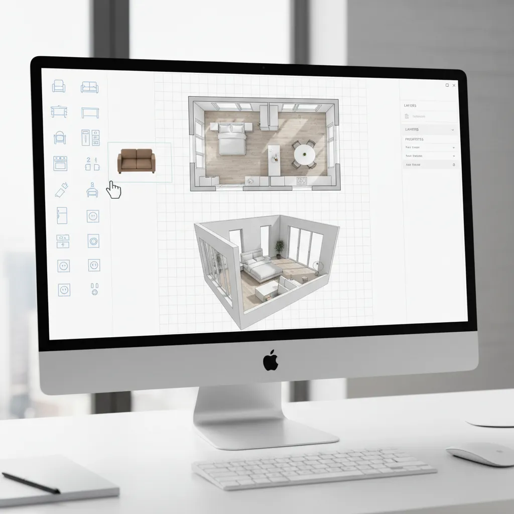 simple floor planning software interface with drag and drop furniture and outlet symbols