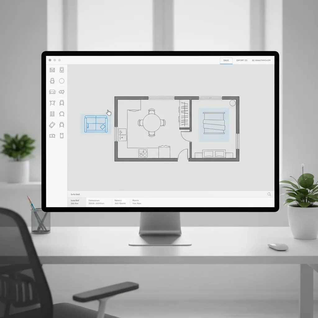Simple drag and drop floor plan editing interface with furniture placement