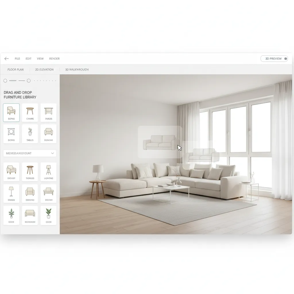 drag and drop room design interface with furniture library