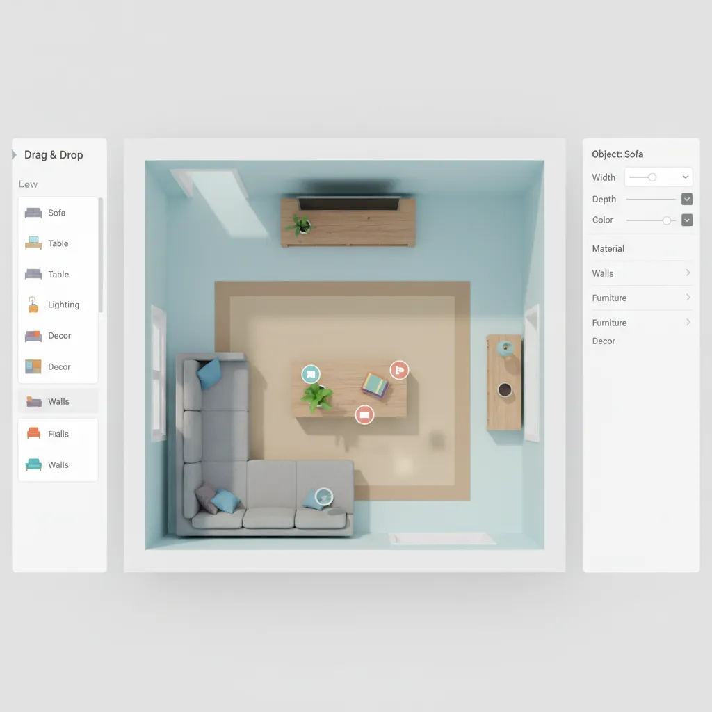 simple drag and drop home design software interface with furniture layout