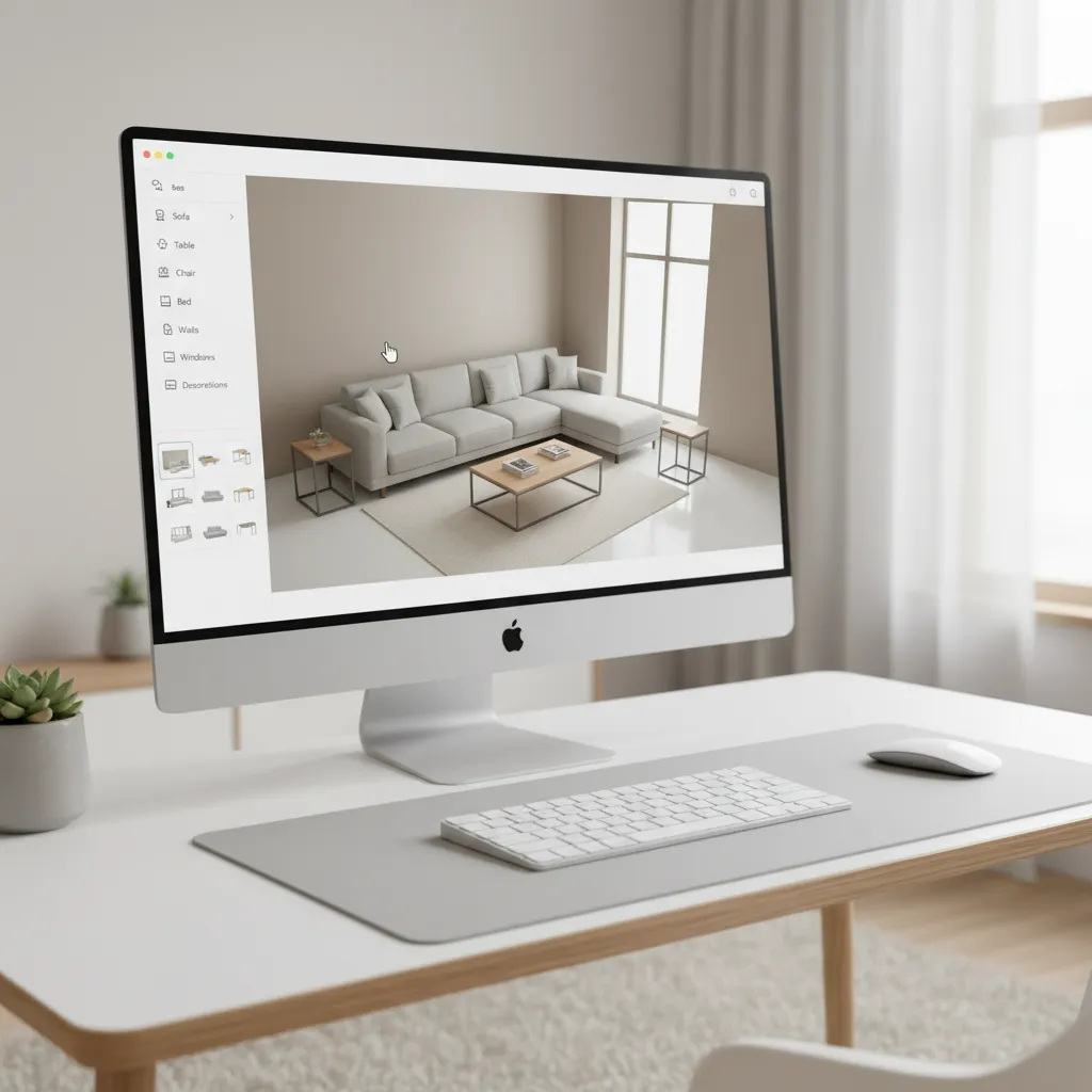 Beginner friendly drag and drop 3D room planner layout on computer screen
