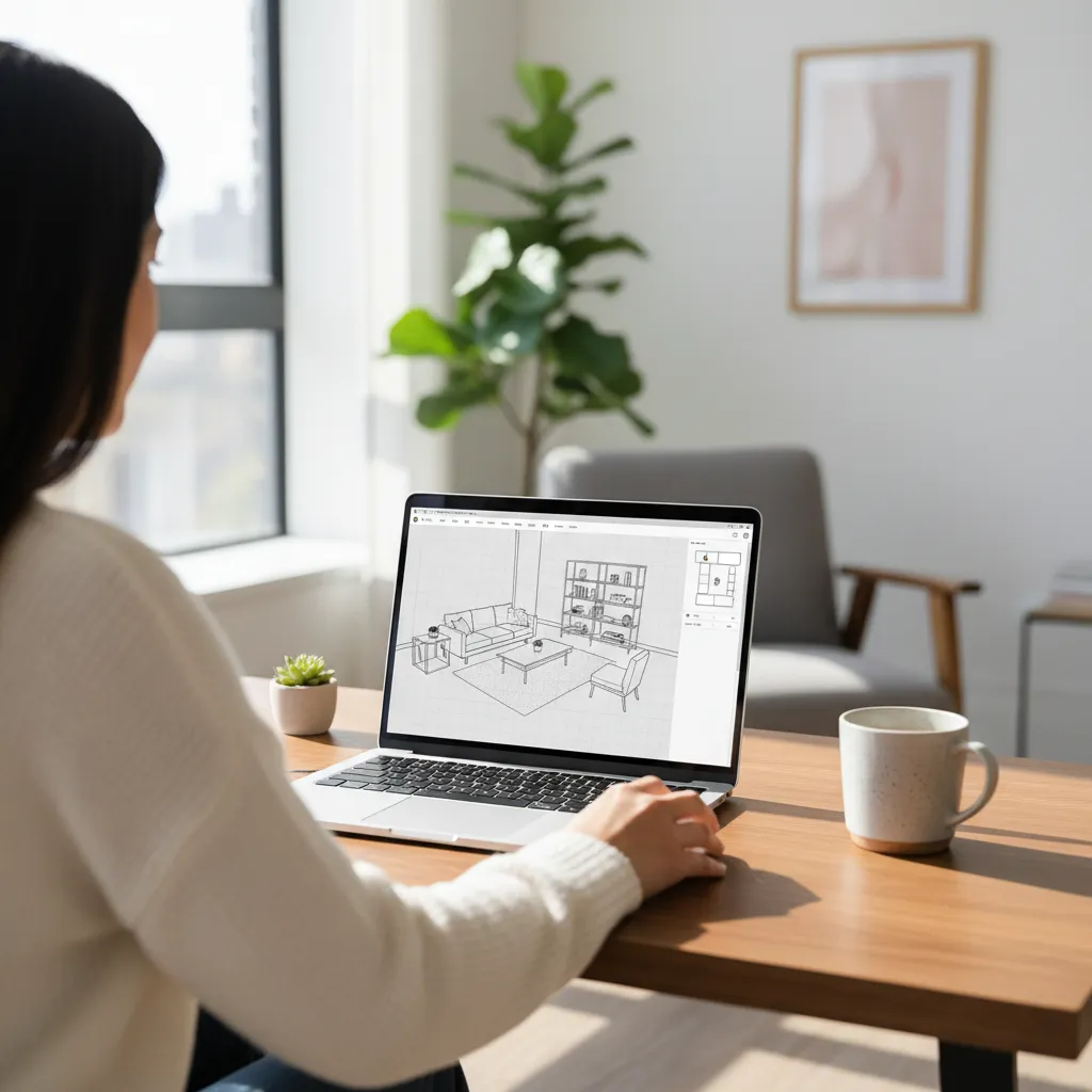 Persona utilizando una herramienta sencilla de diseño interior 3D en un portátil