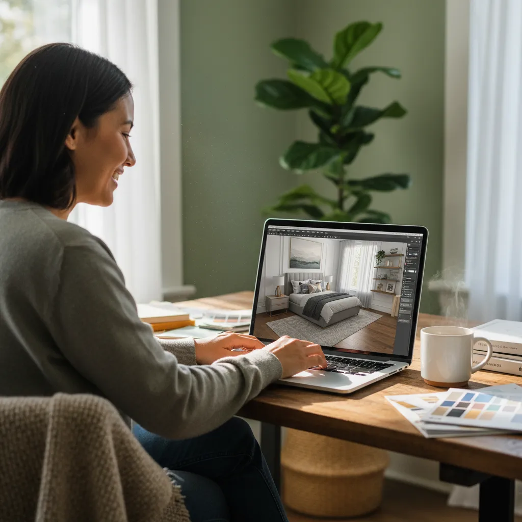 Woman using interior design software on a laptop to create a bedroom layout at home