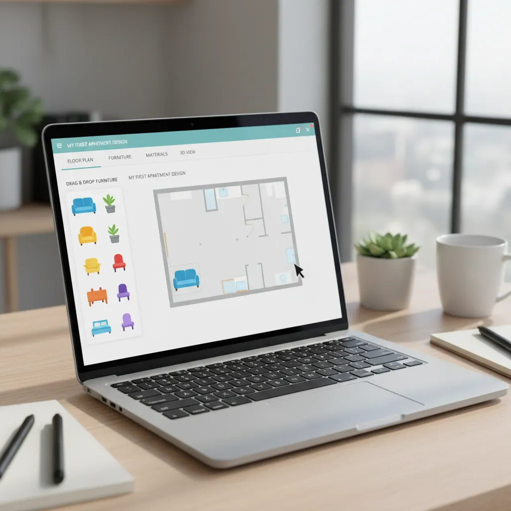 Simple drag and drop interior design software interface showing beginner room layout planning