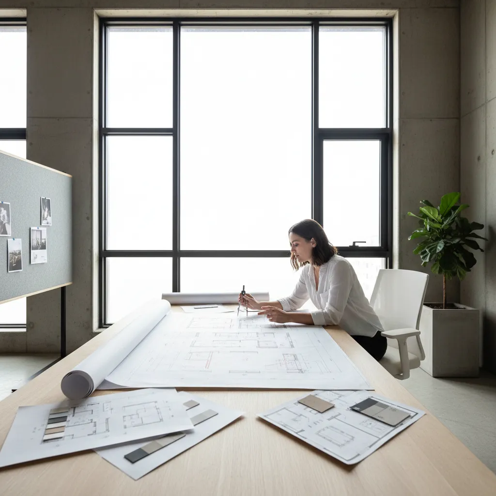 Interior designer analyzing apartment layout with furniture planning sketches