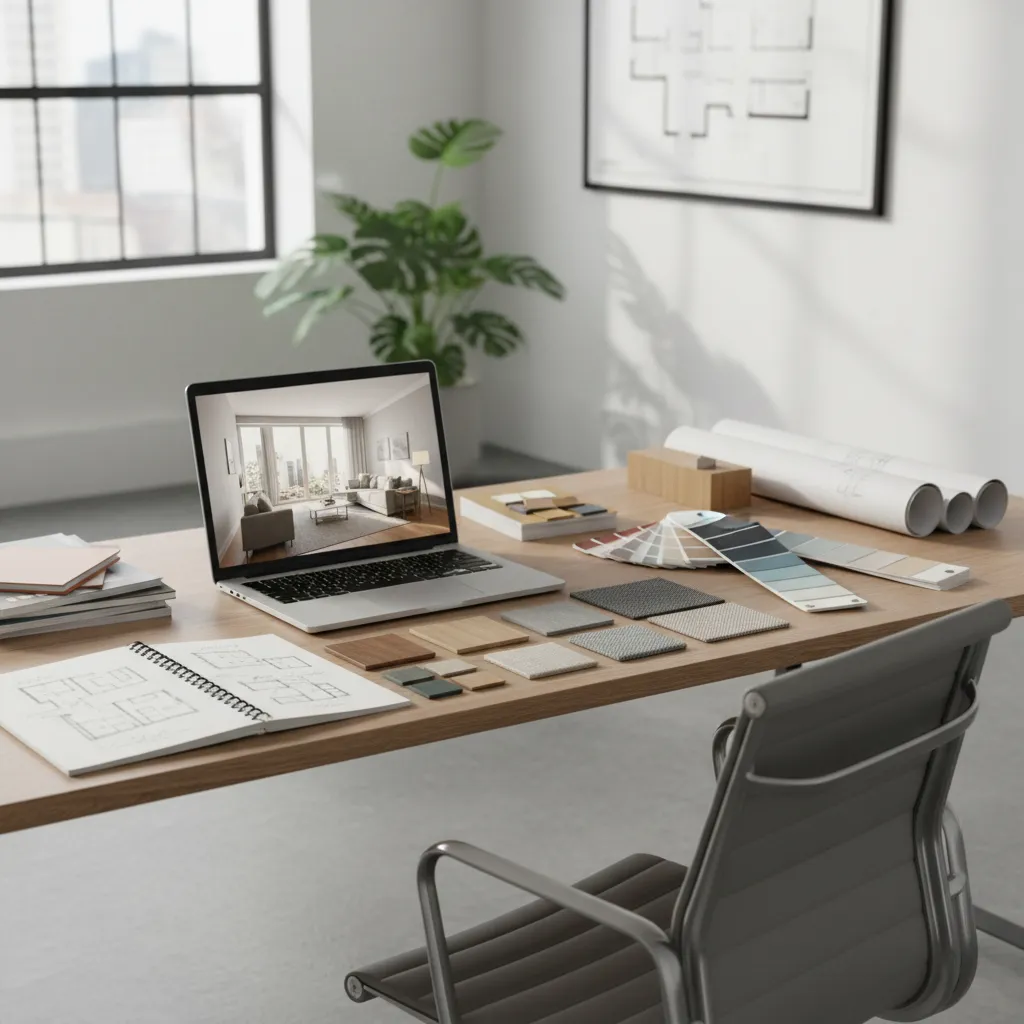 interior design graduate creating portfolio with laptop sketches and material samples