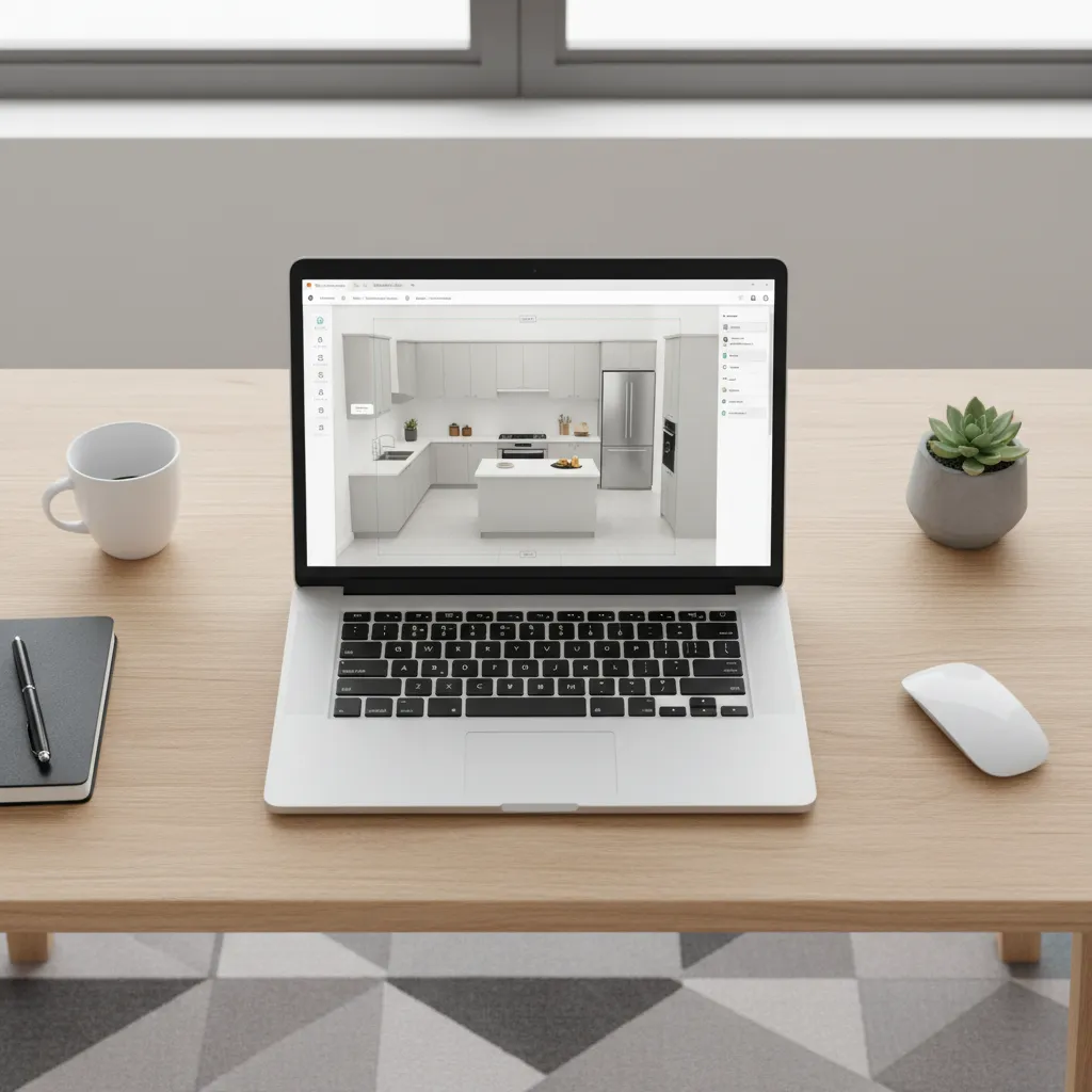Laptop showing a beginner kitchen layout design tool with cabinets and appliances arranged