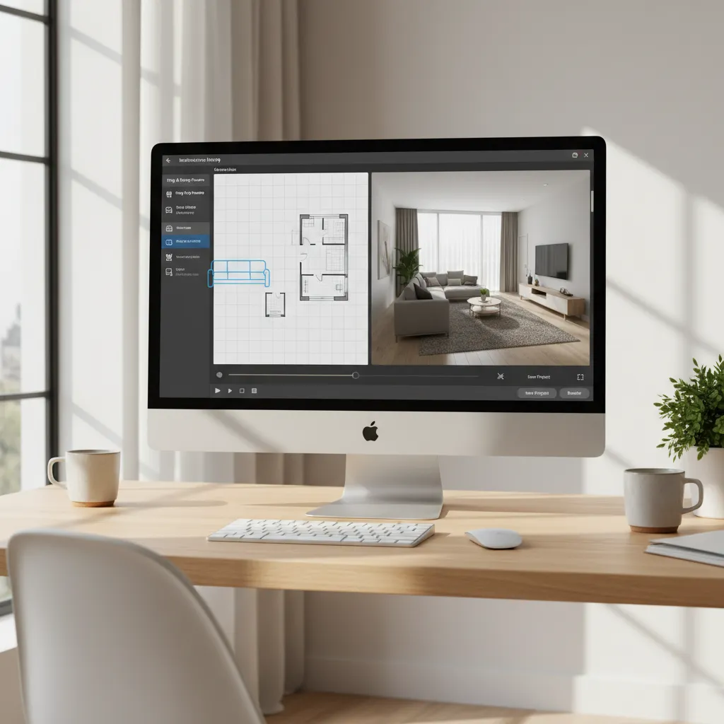 simple drag and drop interior design software interface creating a living room layout