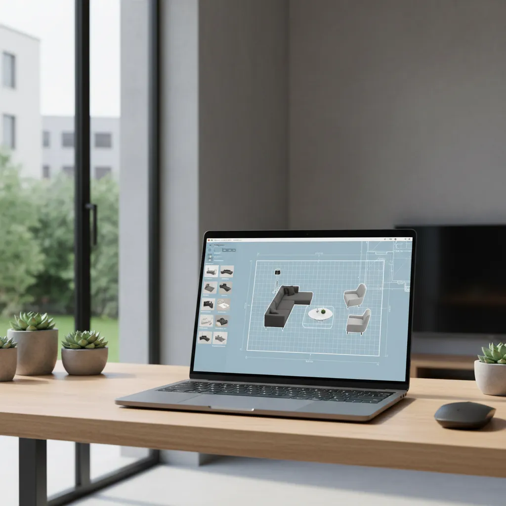 Laptop showing beginner interior design software with a living room layout