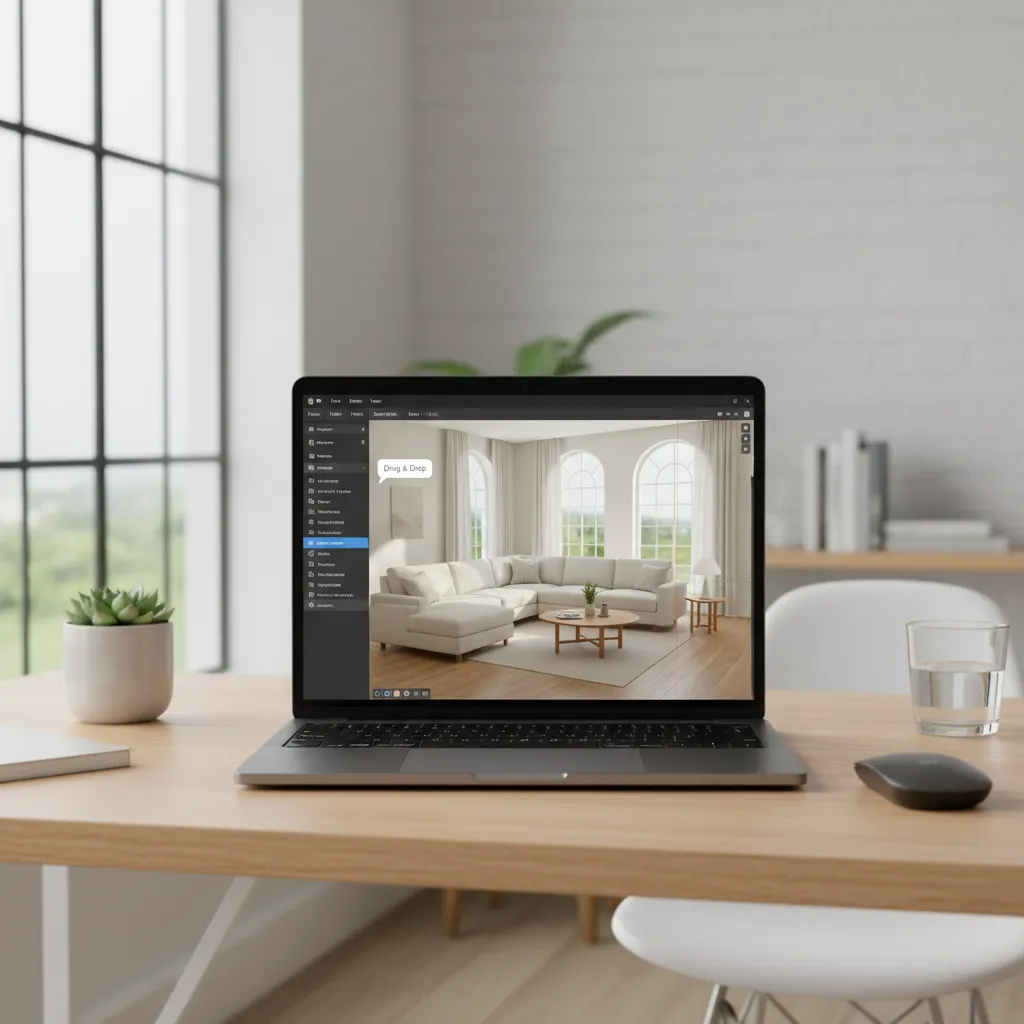 Laptop showing simple 3D room planning interface for beginners