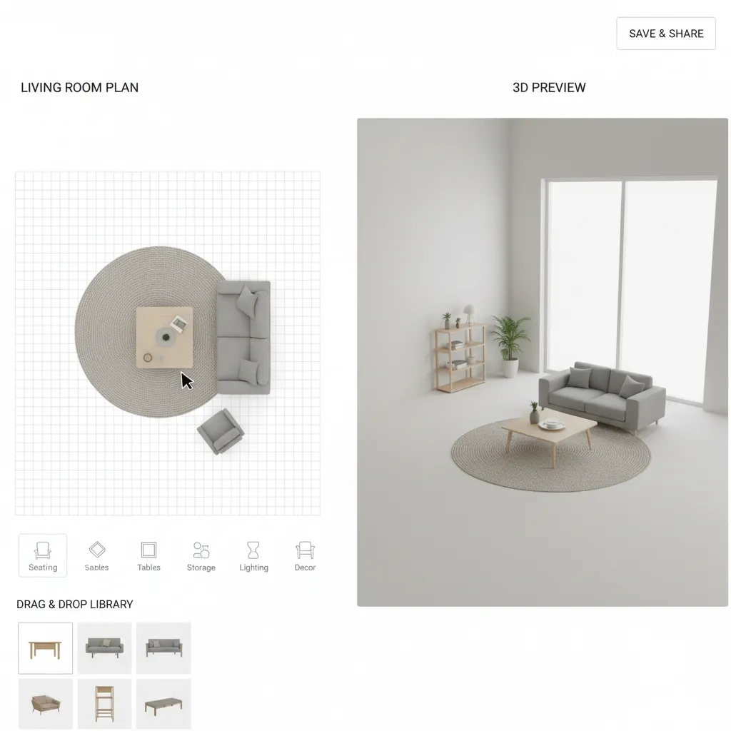 simple drag and drop room layout planning interface with furniture placement