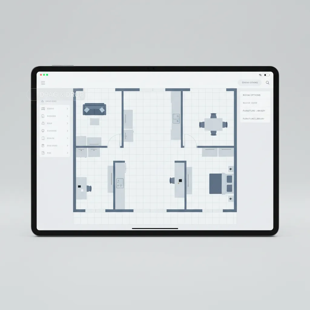 simple drag and drop room planning interface with furniture placement grid