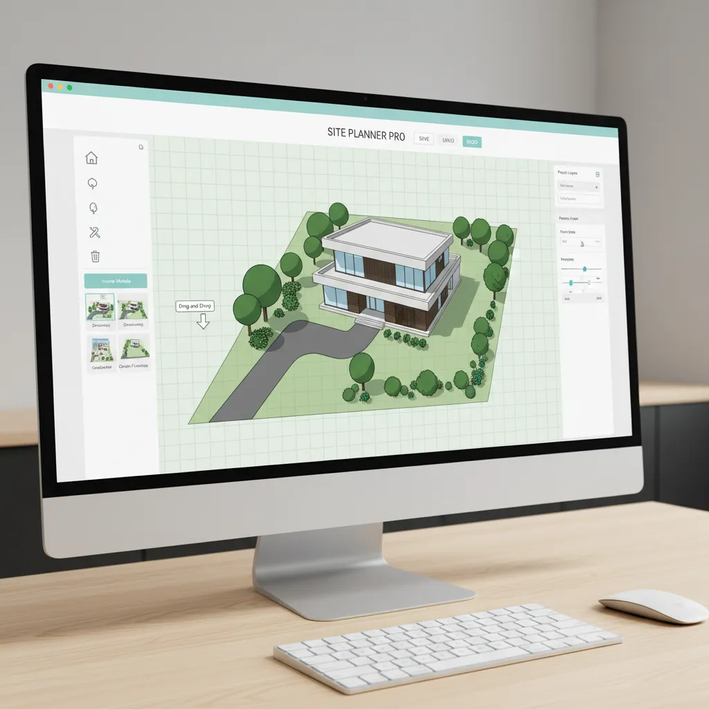 Beginner friendly site planning interface with drag and drop house driveway and trees
