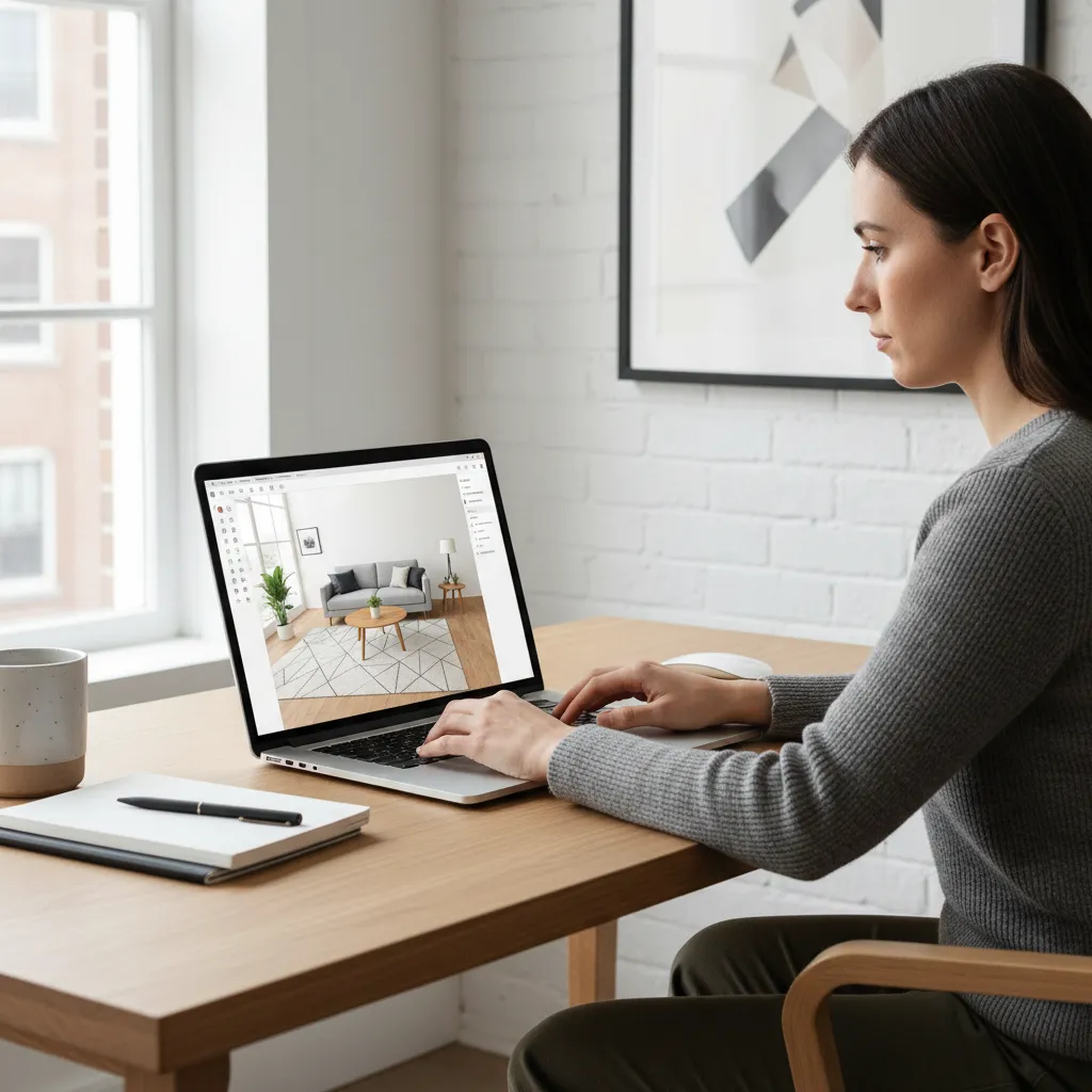 Person designing a living room layout using beginner interior design software on laptop