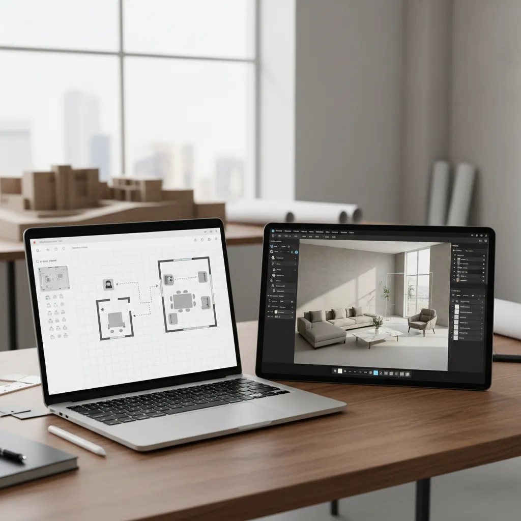 comparison of simple beginner room planner interface and advanced 3D interior design software