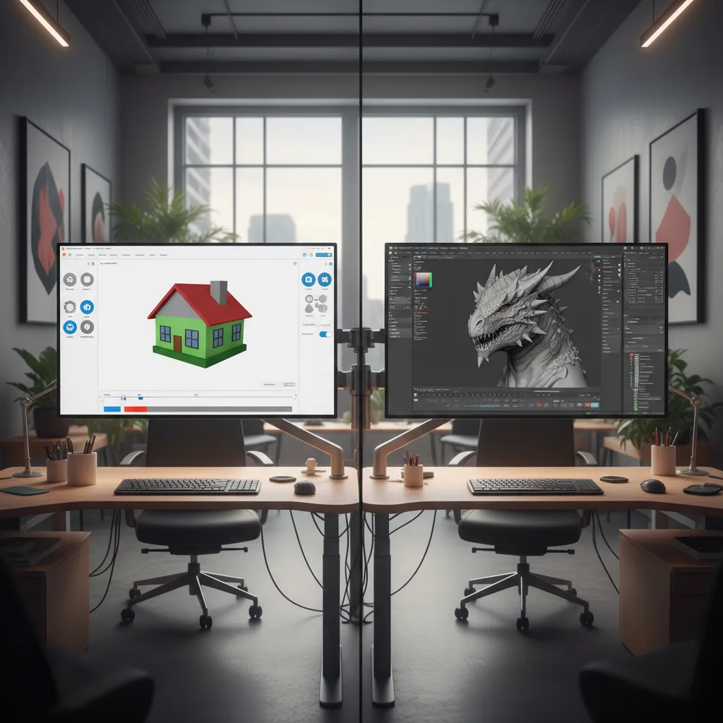 Comparison of simple beginner 3D modeling interface and complex professional interface