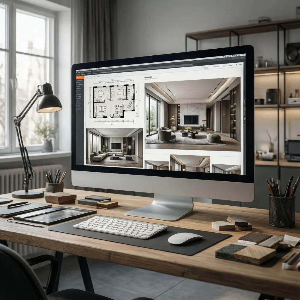 Computer monitor on wooden desk showing interior design drawing with floor plan and room renders