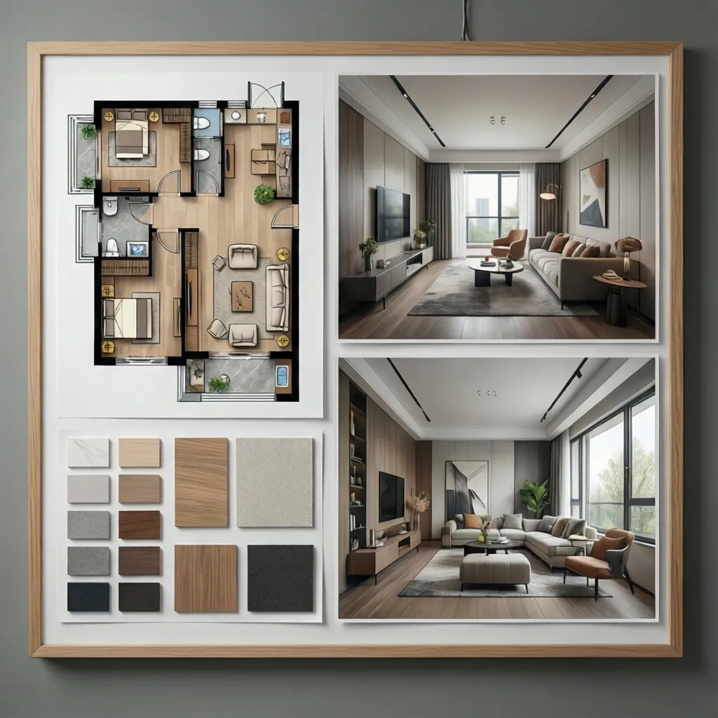 Interior design board with floor plan two living room renders and various material color samples