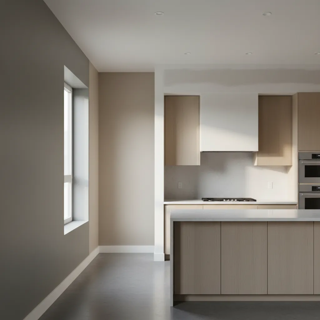 Modern minimalist kitchen with grey walls light wood island tall window white countertop and ovens