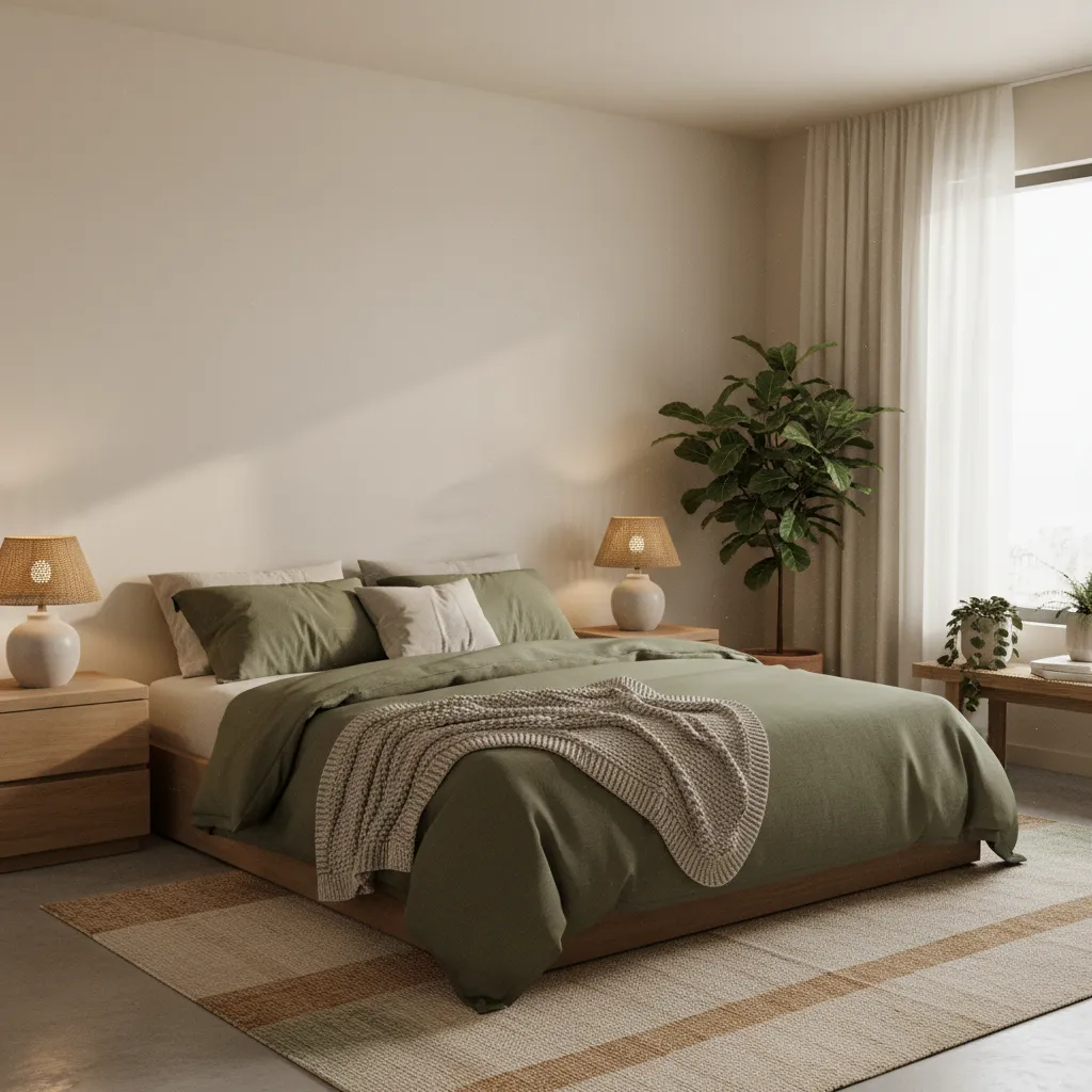 cozy bedroom with beige walls and olive green bedding