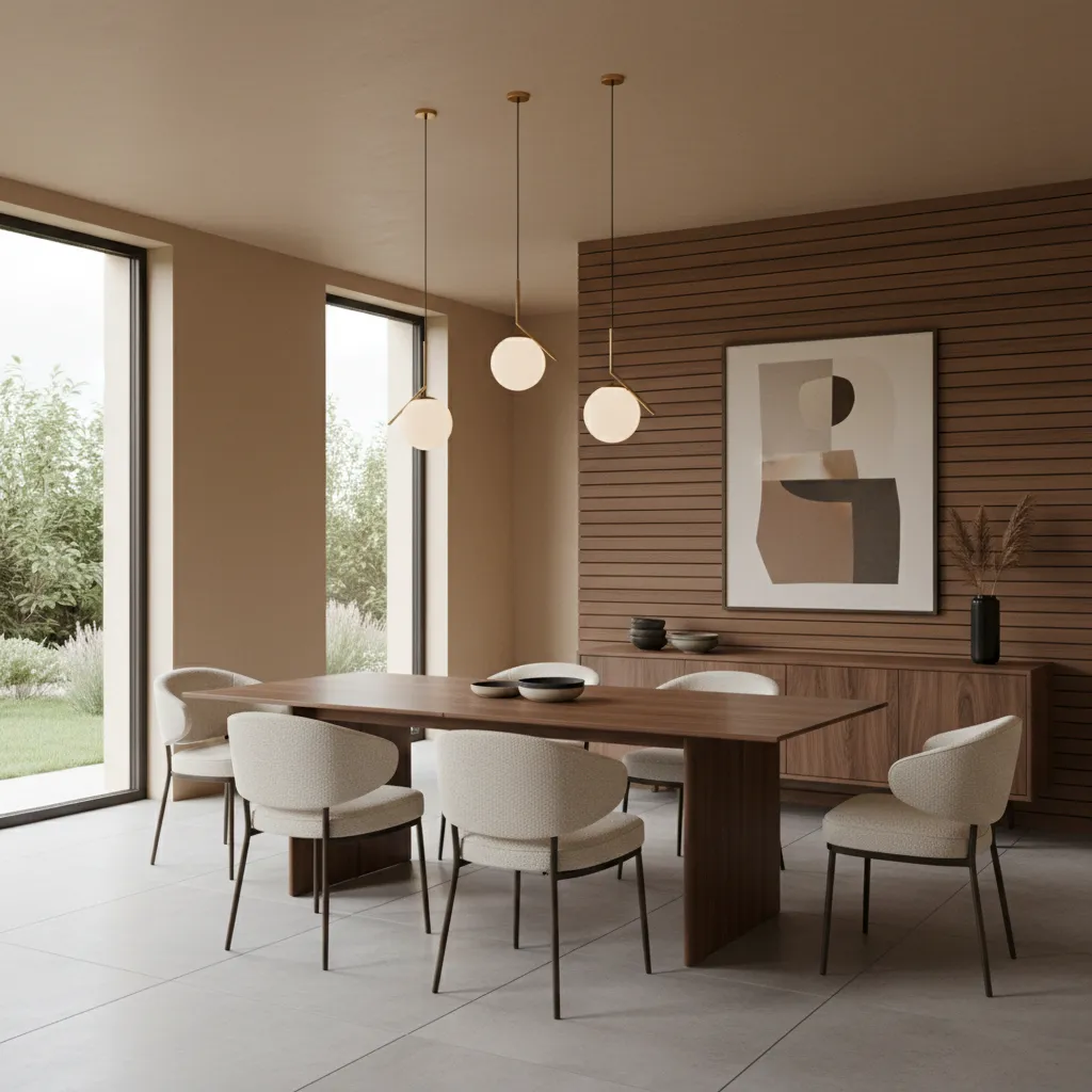 Dining room with beige walls and walnut brown accent wall behind wooden dining table