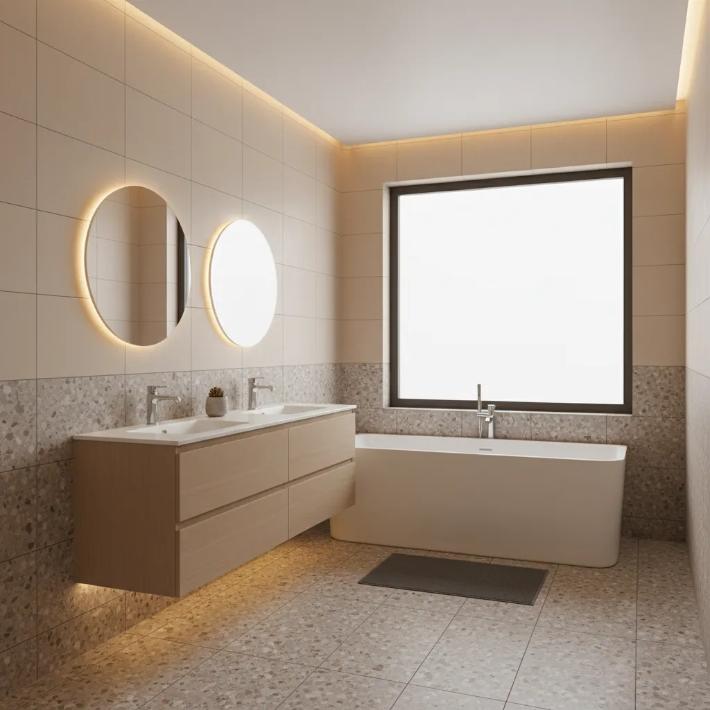 Bathroom design combining light beige wall tiles with darker beige floor tiles