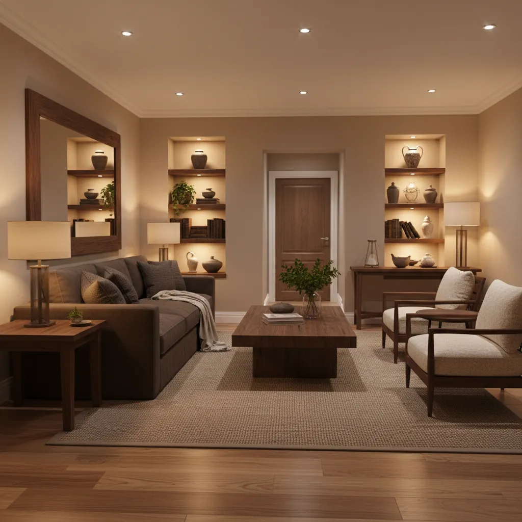 beige living room with dark brown furniture and warm lighting
