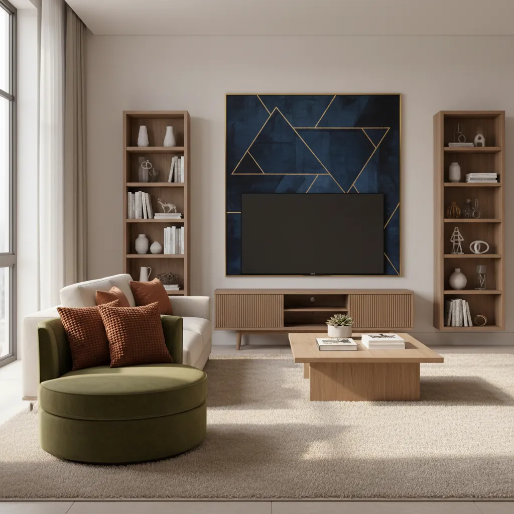 Beige carpet living room with olive green and rust accent decor