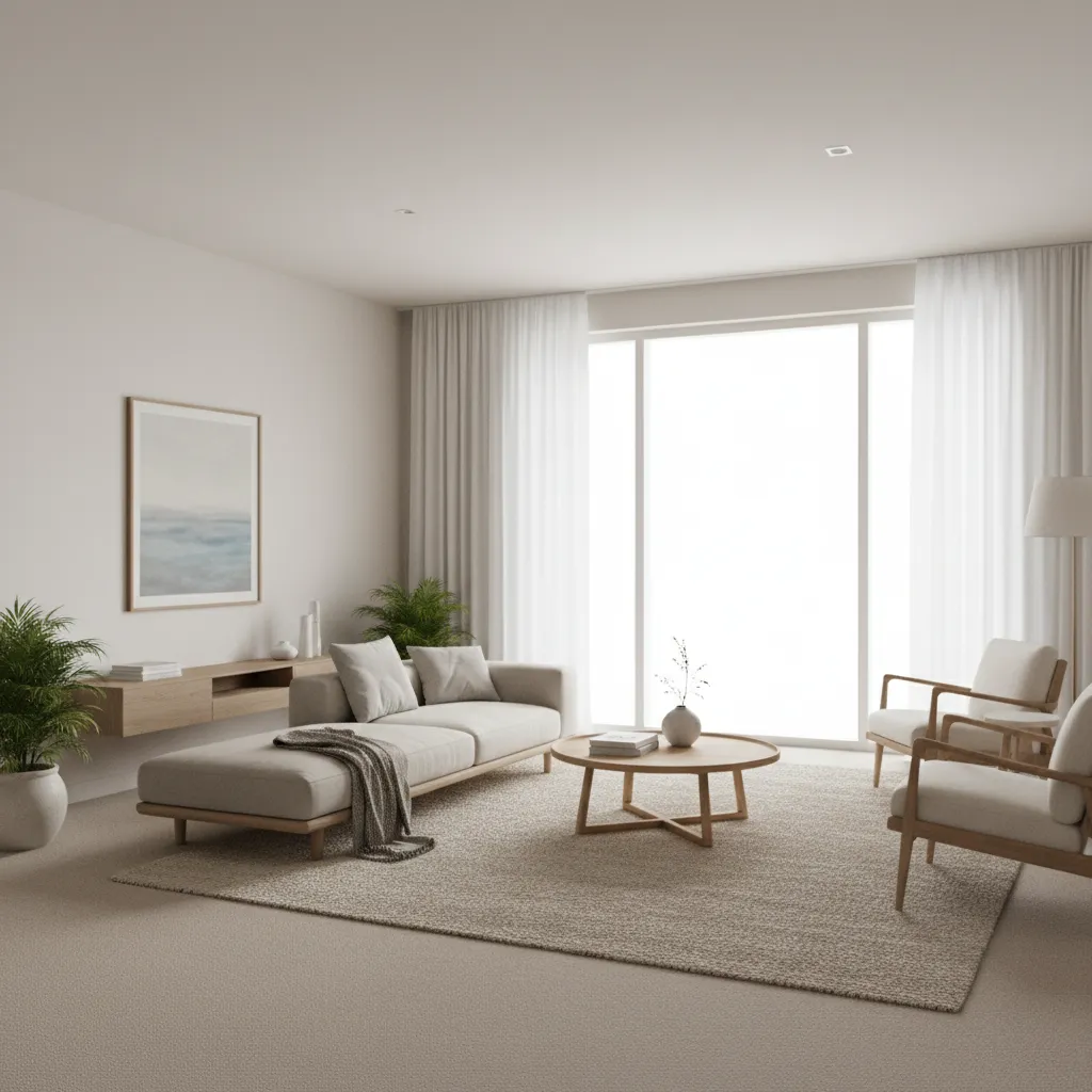 Bright living room with beige carpet neutral sofa and light walls showing base design palette