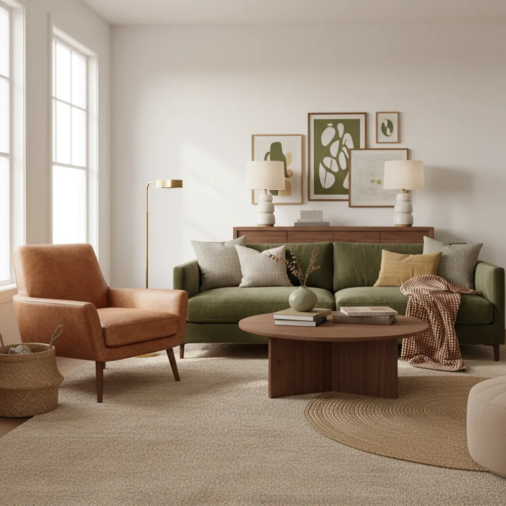 Designer color scheme living room with beige carpet olive accents and warm neutral tones
