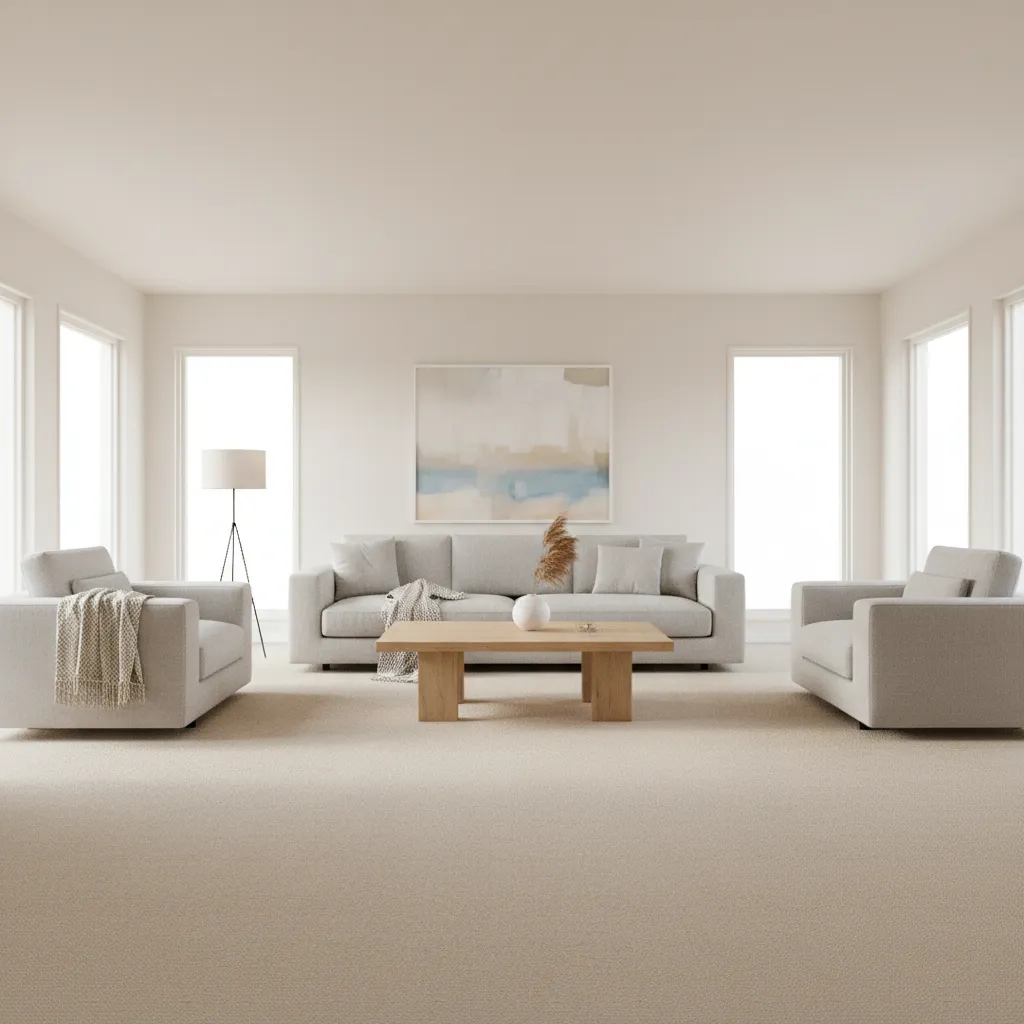 Living room with beige carpet and neutral furniture palette
