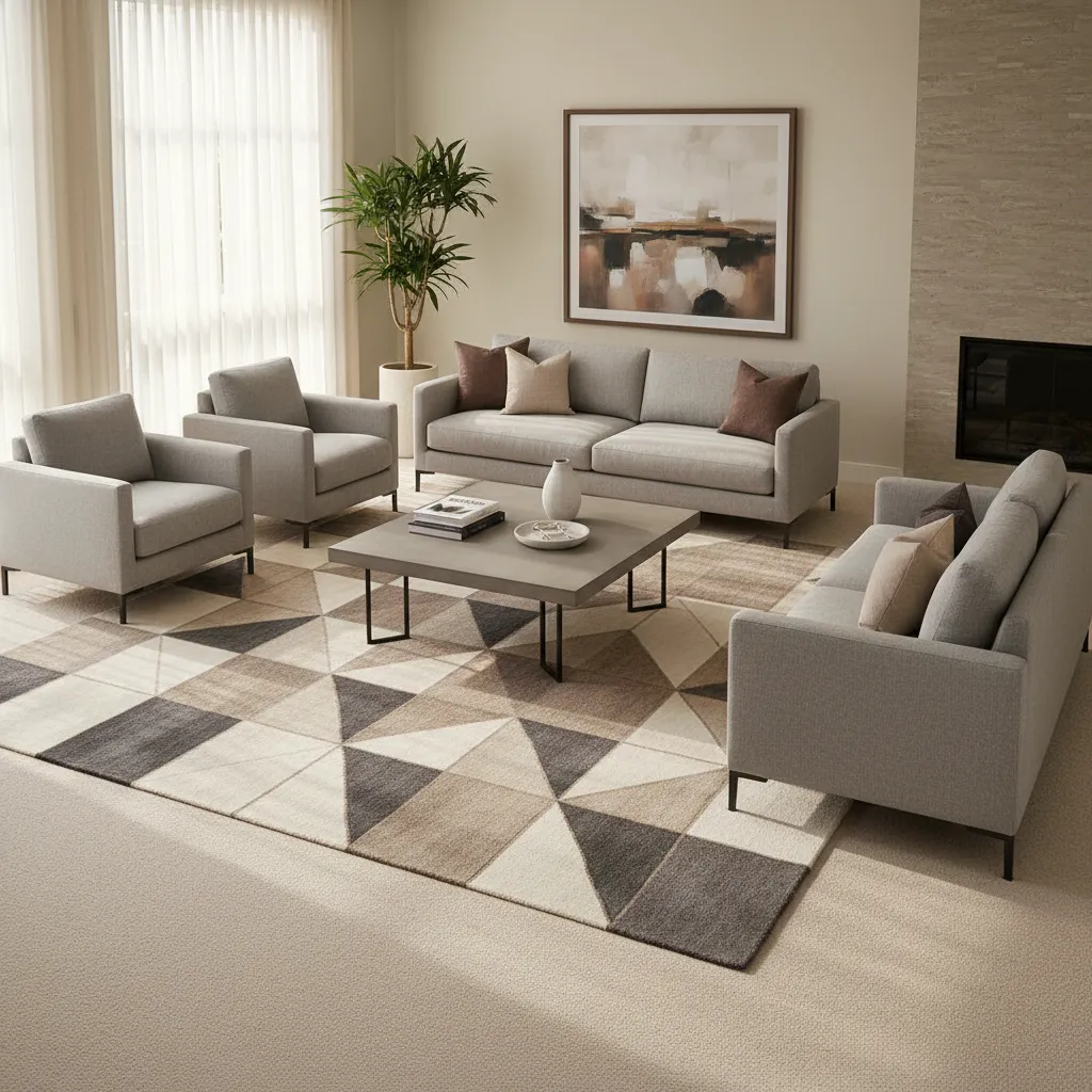 living room with beige carpet and dark patterned area rug under sofa