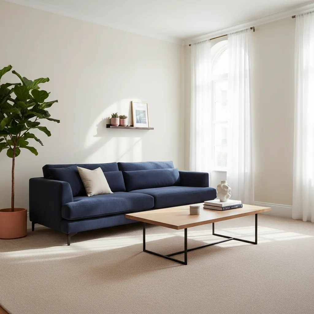 Living room with beige carpet and navy blue sofa demonstrating strong furniture anchor color