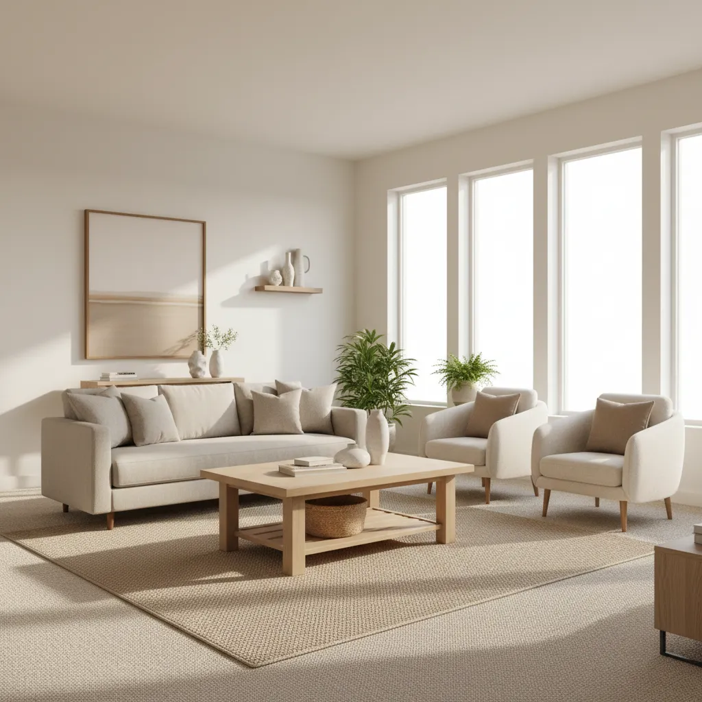 Bright living room with beige carpet neutral furniture and soft natural light