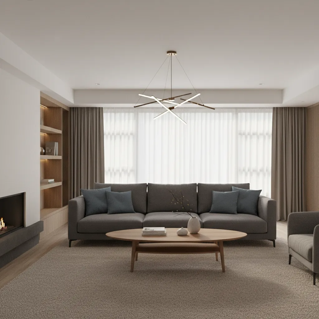 Living room showing contrast between beige carpet and cool toned sofa