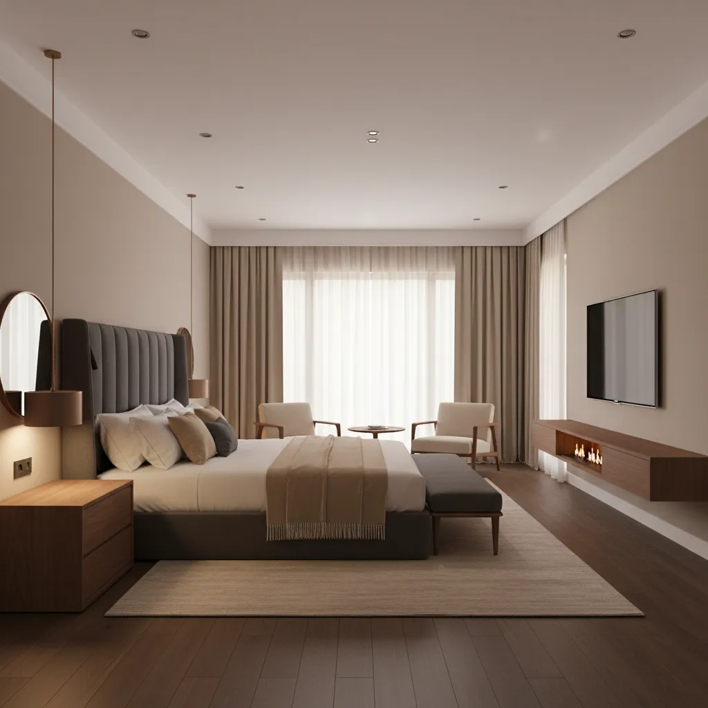 Hotel bedroom with beige walls and charcoal accent headboard