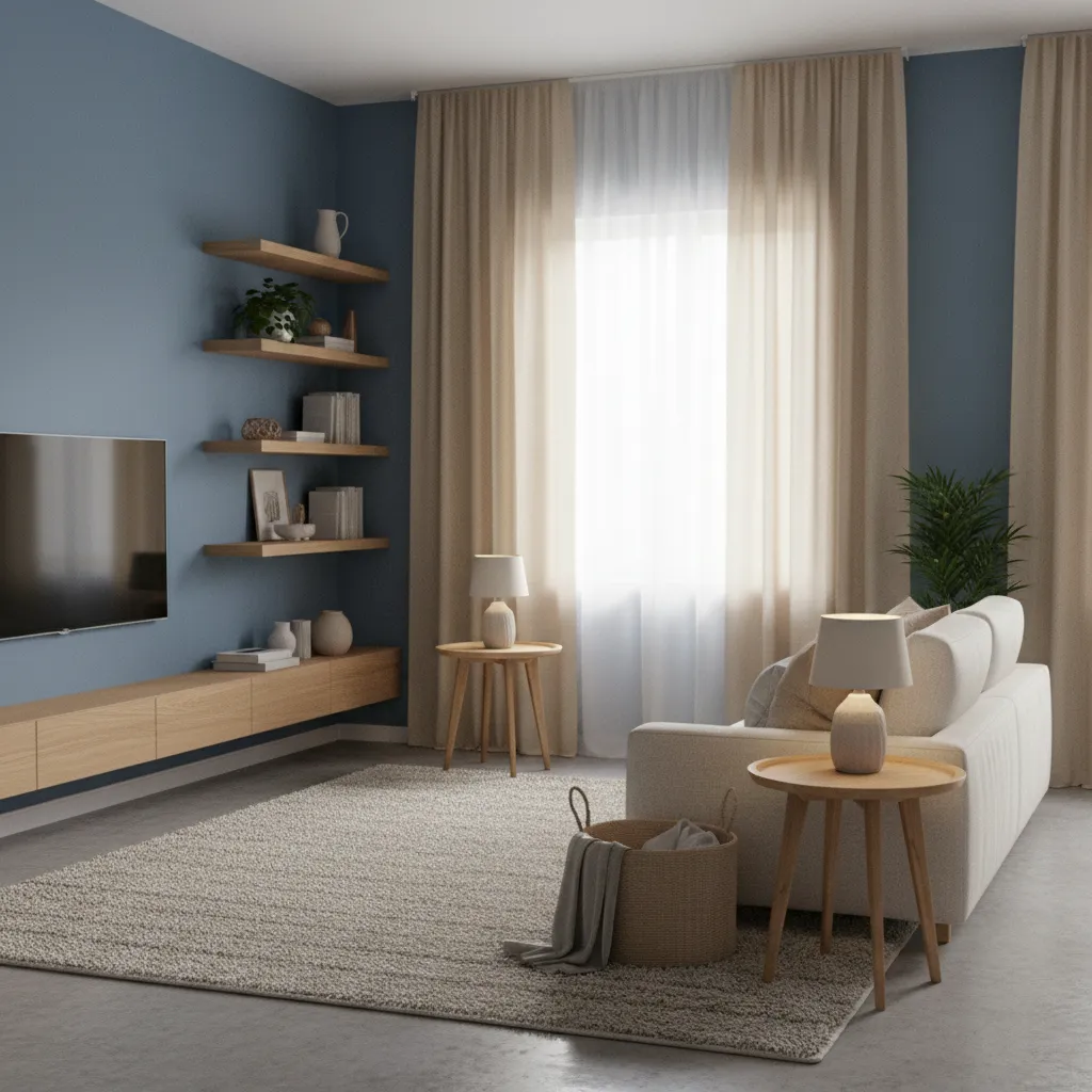 Beige curtains softening cool blue living room walls
